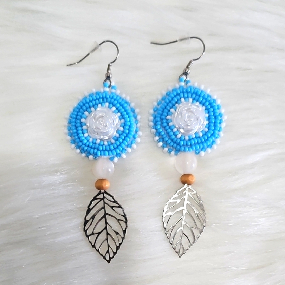 Chic Blue and White Beaded Earrings with Silver Leaf
